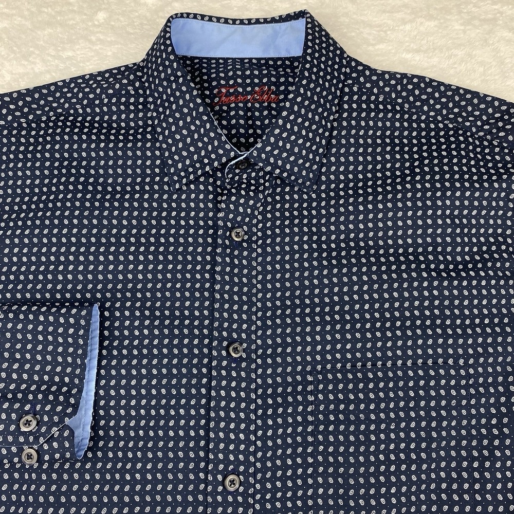 Tasso Elba Shirt Mens Large Navy Blue Micro-Paisley Print 100% Cotton Flip Cuffs